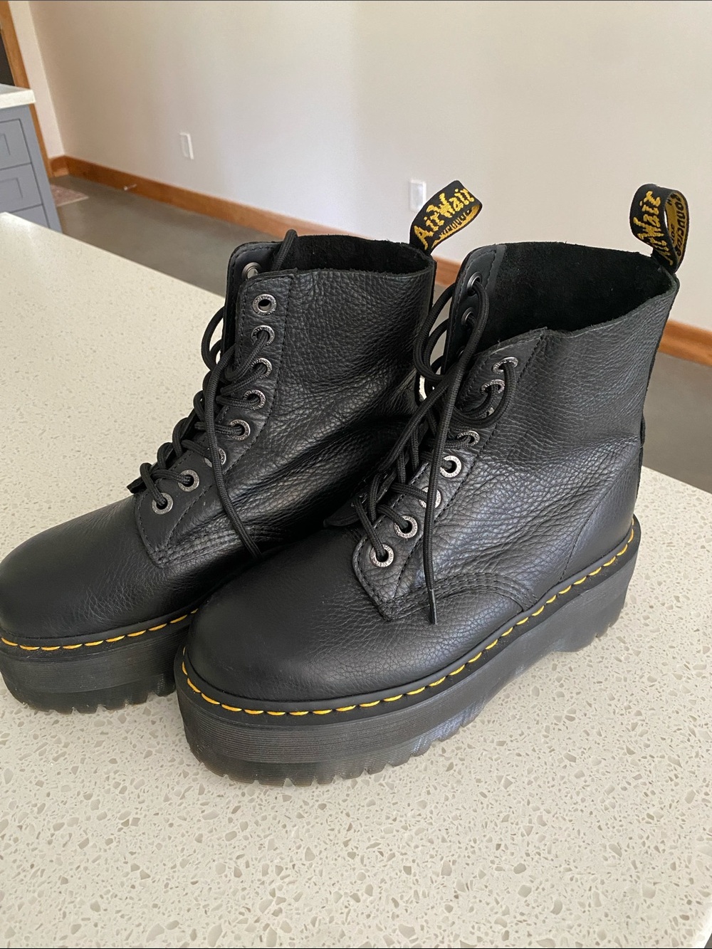 Dr. Martens Black Leather Platform Lace-Up Ankle Boots with Yellow Welt